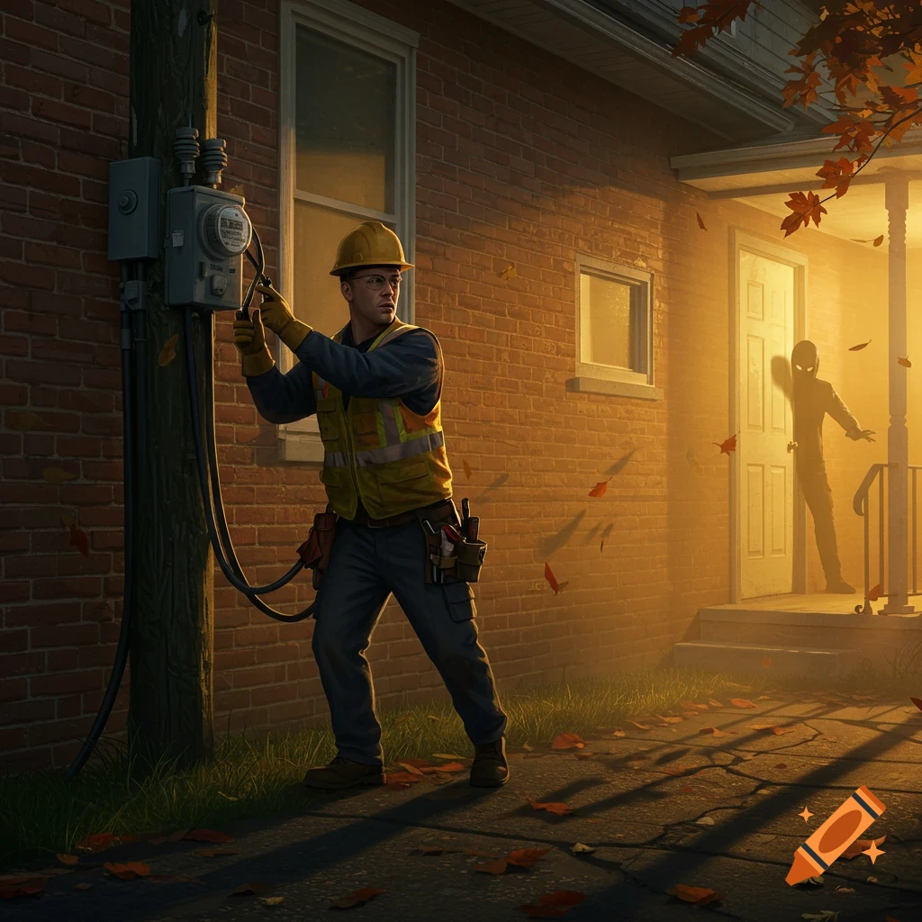 A serviceman works on a utility meter outside a brick house at dusk, while a shadowy figure threatens him from the doorway.