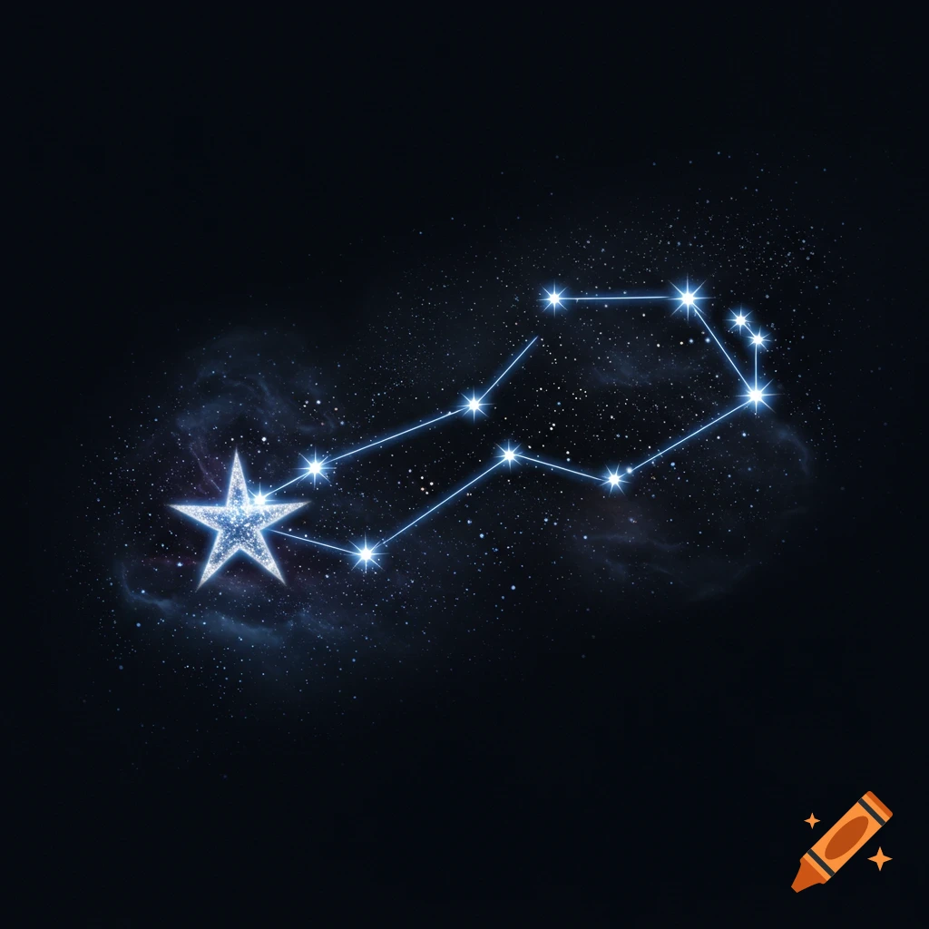 A bright, glowing star connects to a key-shaped constellation of smaller stars against a dark, cloudy night sky.