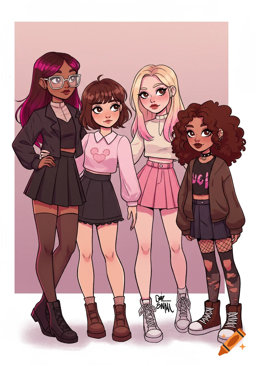 Four diverse cartoon girls standing together in various stylized outfits, including downtown, coquette, scene, and grunge styles.