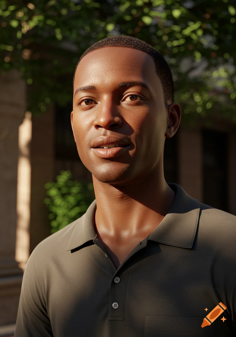A photorealistic close-up portrait of a Black man with a short haircut, wearing a gray polo shirt, in soft outdoor light.
