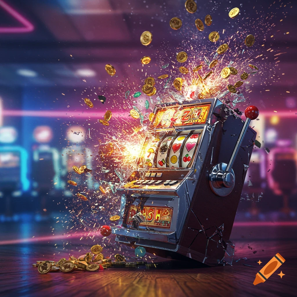 A slot machine erupts with sparks, breaking glass, and flying gold coins on a casino floor.