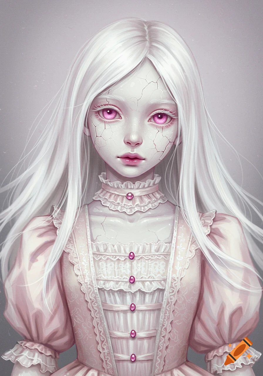 A porcelain doll-like girl with long white hair, cracked face, and glowing pink eyes wears a Victorian-era light pink and white dress.