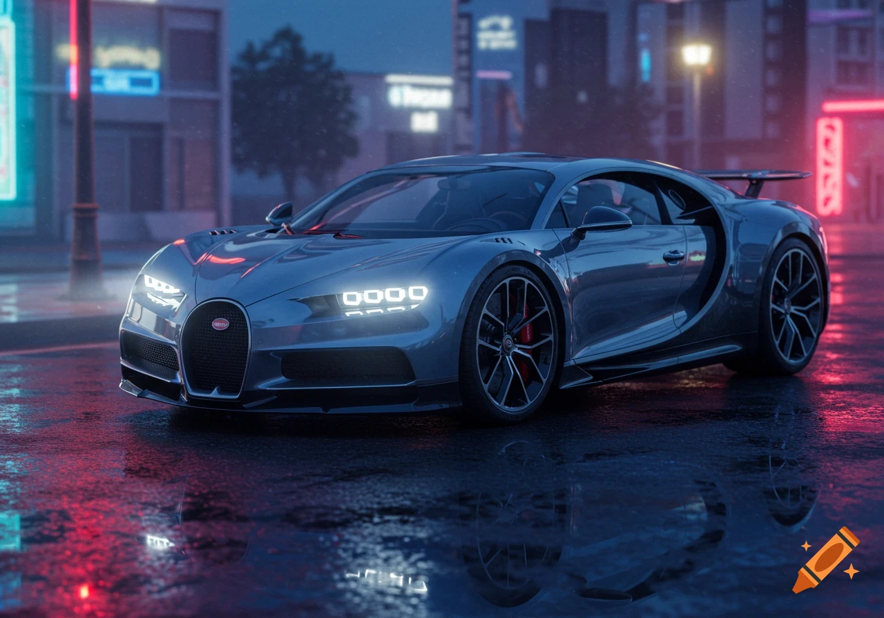 A sleek grey Bugatti Chiron hypercar parked on a wet city street at night, illuminated by neon lights and reflections.