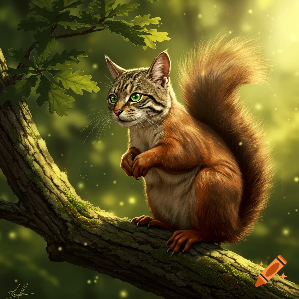 A cat-headed squirrel with a fluffy tail sits on a mossy tree branch in a sunlit forest.