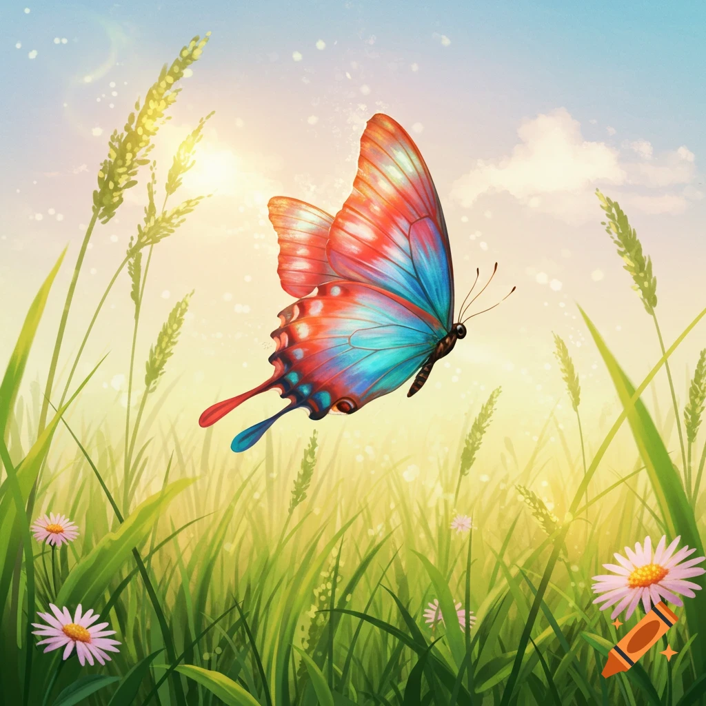 A vibrant orange and blue butterfly hovers over a lush green field with pink flowers under a sunny sky, in an illustrative style.