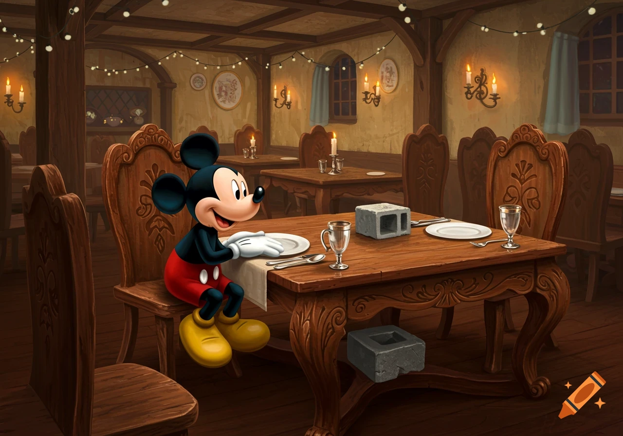 Mickey Mouse sits at an ornate wooden table in a dimly lit restaurant, with a cinderblock on the table.