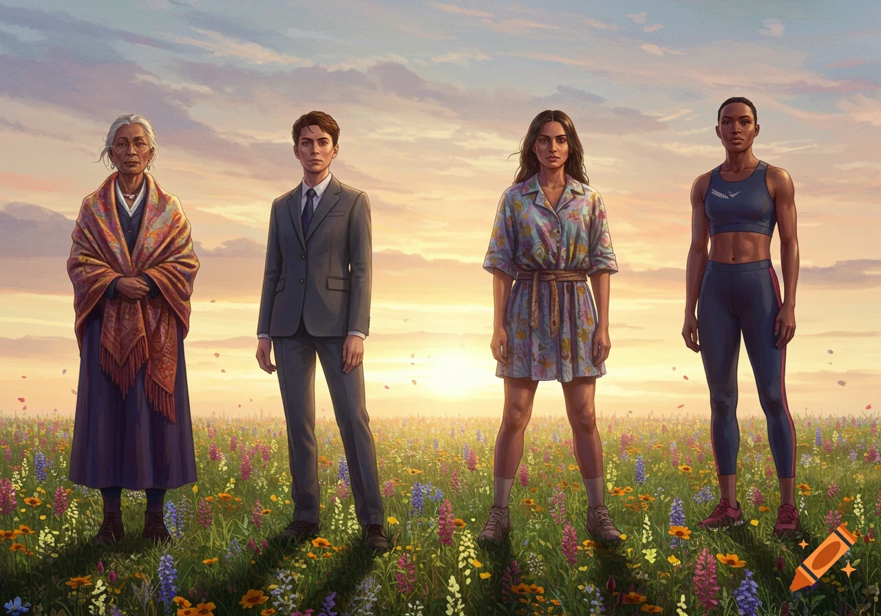 Four diverse women of different ages and ethnicities stand in a vibrant field of wildflowers at sunset.