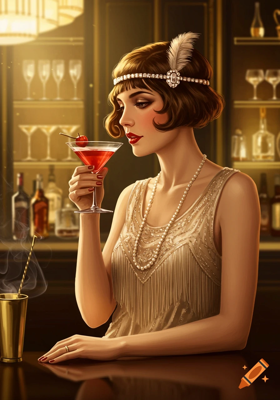 A 1920s flapper woman sips a red cocktail in a dimly lit bar, wearing a pearl necklace and ornate headband.