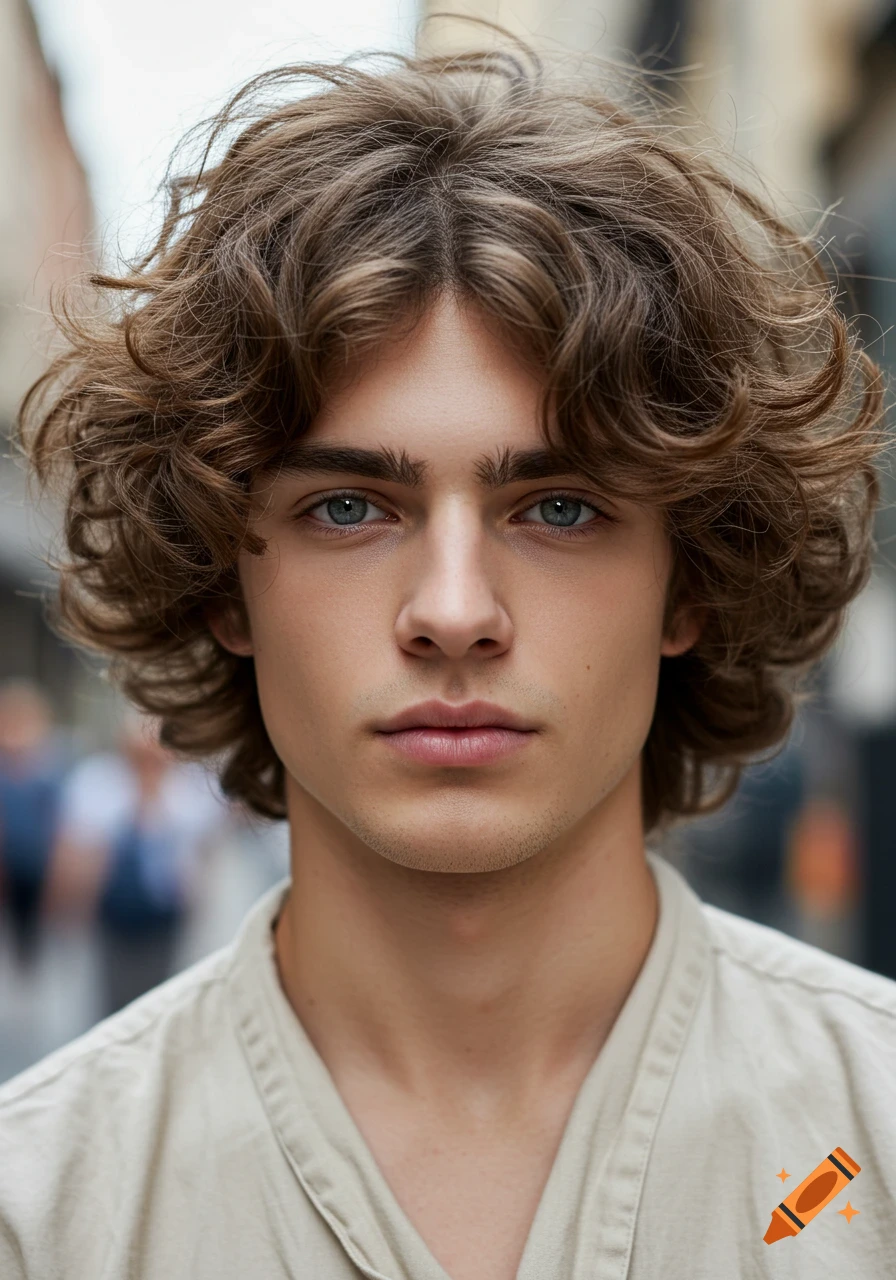 Close-up photorealistic portrait of a young man with wavy brown hair and blue eyes, looking forward.