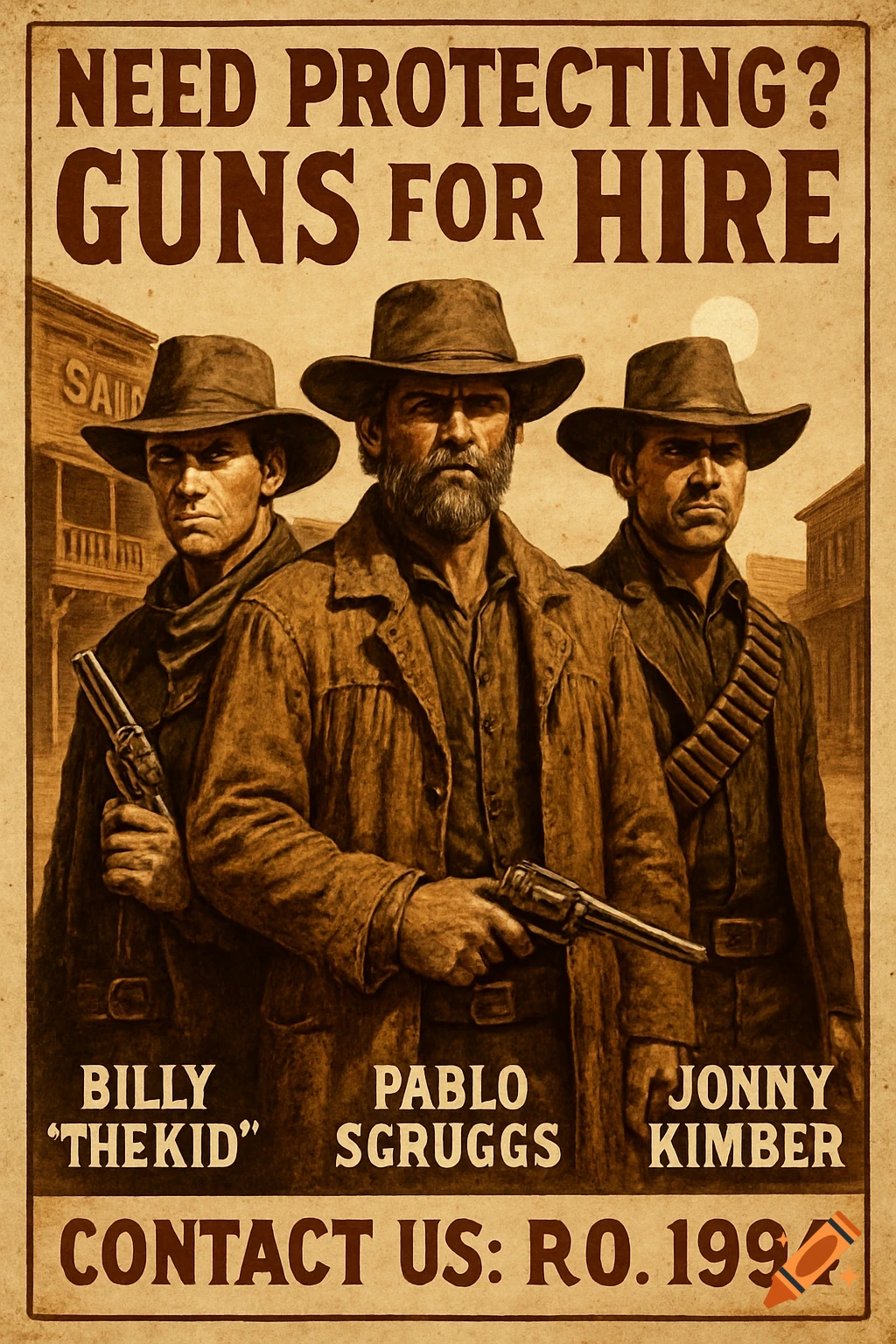 A vintage style Western poster featuring three stern-looking cowboys holding revolvers, with text advertising "Guns for Hire" and contact information.