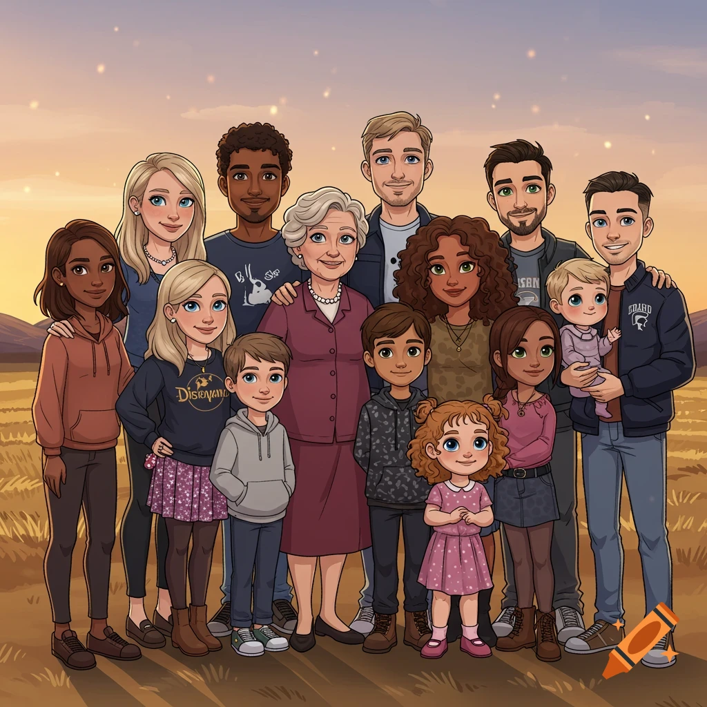 A large cartoon family portrait with thirteen people of various ages and ethnicities, standing in an outdoor setting with a sunset sky.