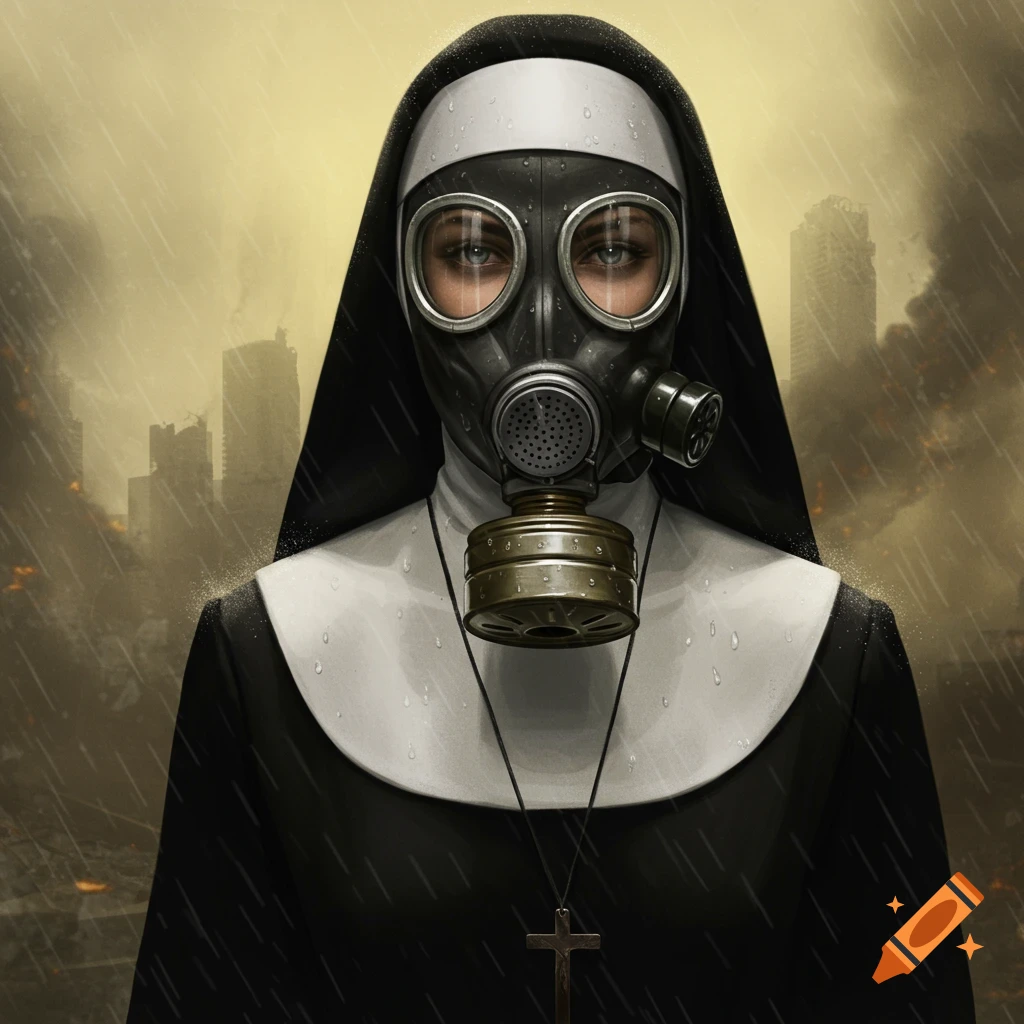 A nun wearing a gas mask stands in a rainy, destroyed city in a realistic digital painting.