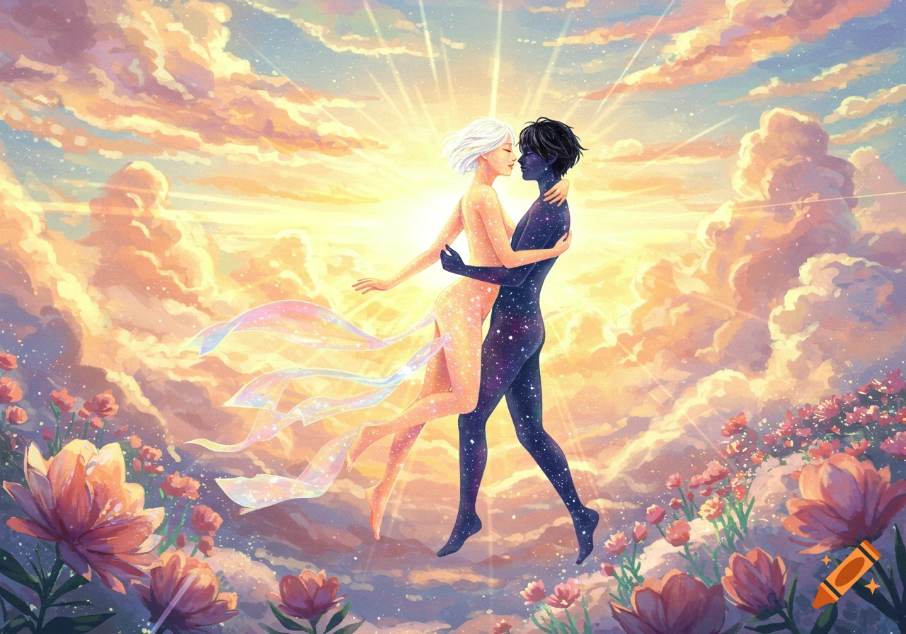 A light figure and a dark, starry figure embrace amidst glowing clouds and flowers, radiating celestial light.