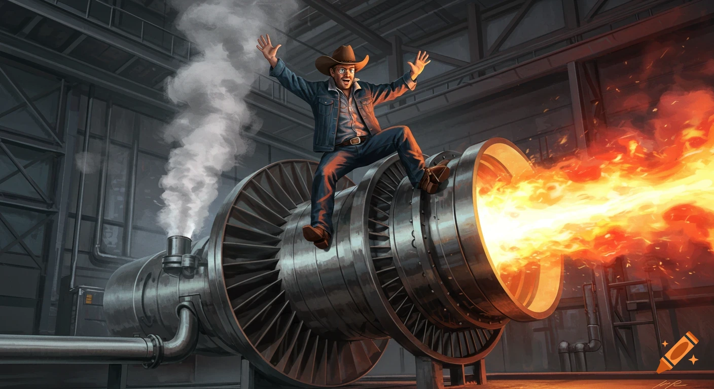 A man in a cowboy hat rides a giant, fiery gas turbine like a bull in an industrial setting, digital painting.