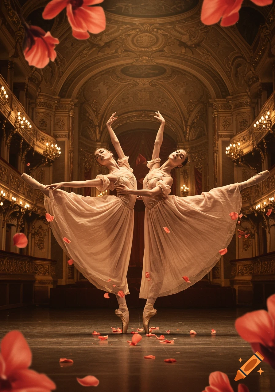 Two ballerinas in pink dresses striking a graceful pose on a stage filled with red petals in a grand ornate theater.