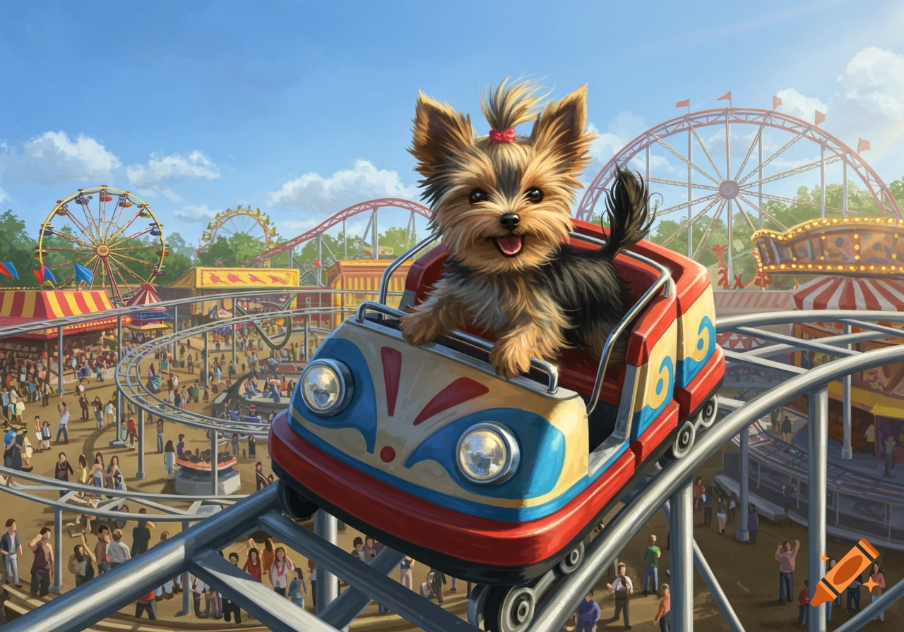 A happy Yorkshire terrier riding a colorful roller coaster car through a vibrant amusement park with a Ferris wheel and other rides in the background, in a digital art style.