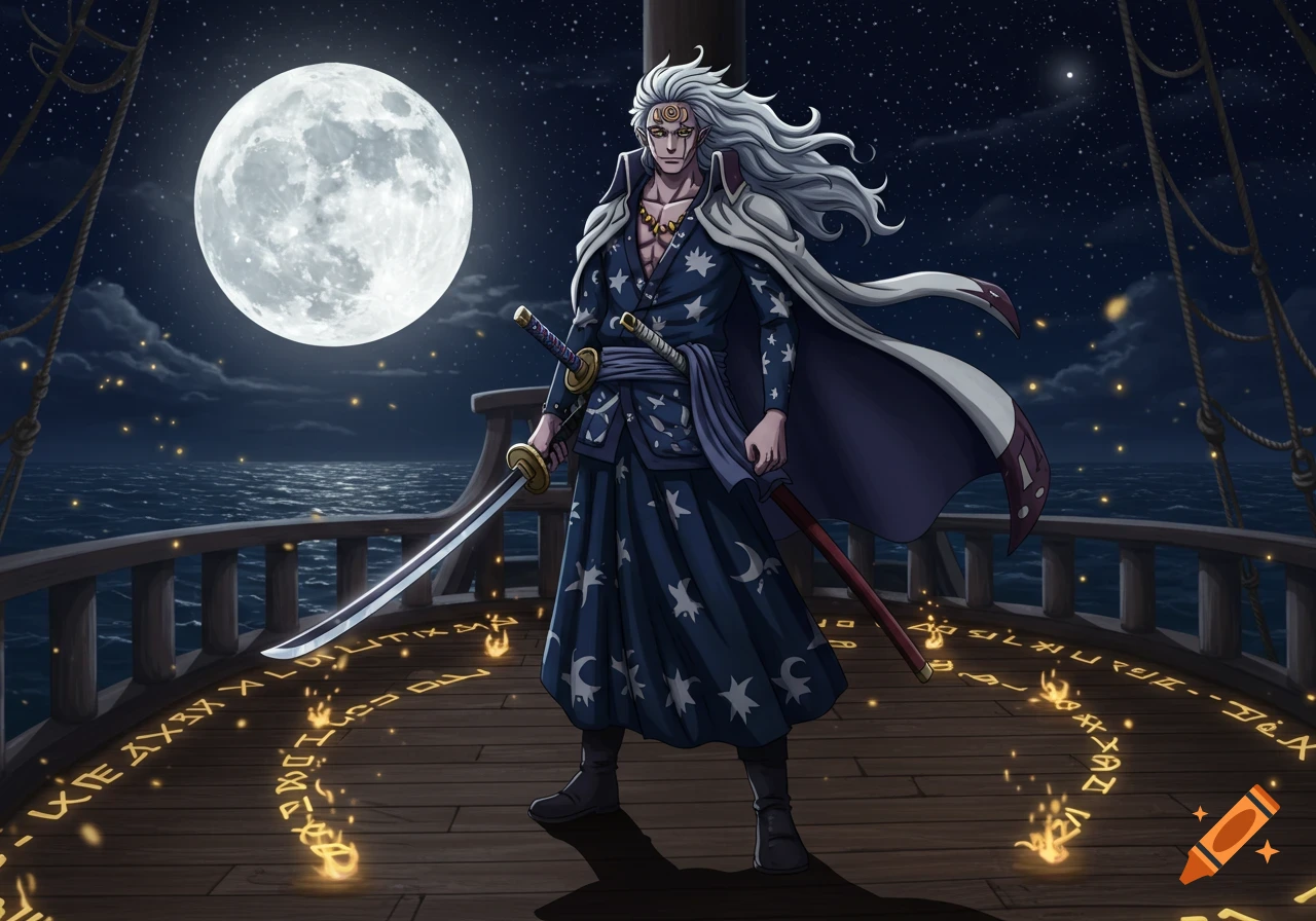 Anime character with long white hair and a star-patterned robe holding two katanas on a ship deck under a full moon with glowing symbols.