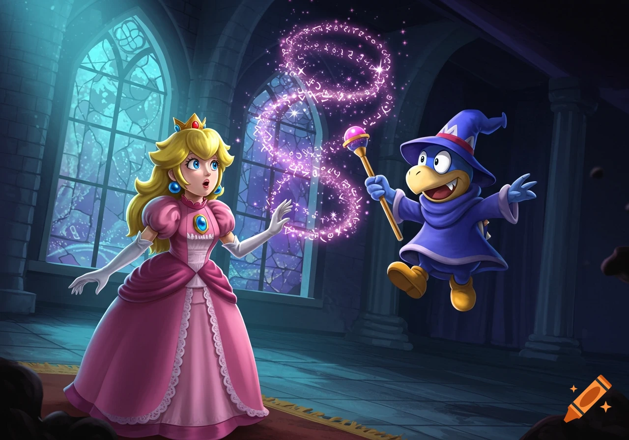 Princess Peach looks surprised as Kamek casts a purple magic spell with his staff in a dimly lit castle room.