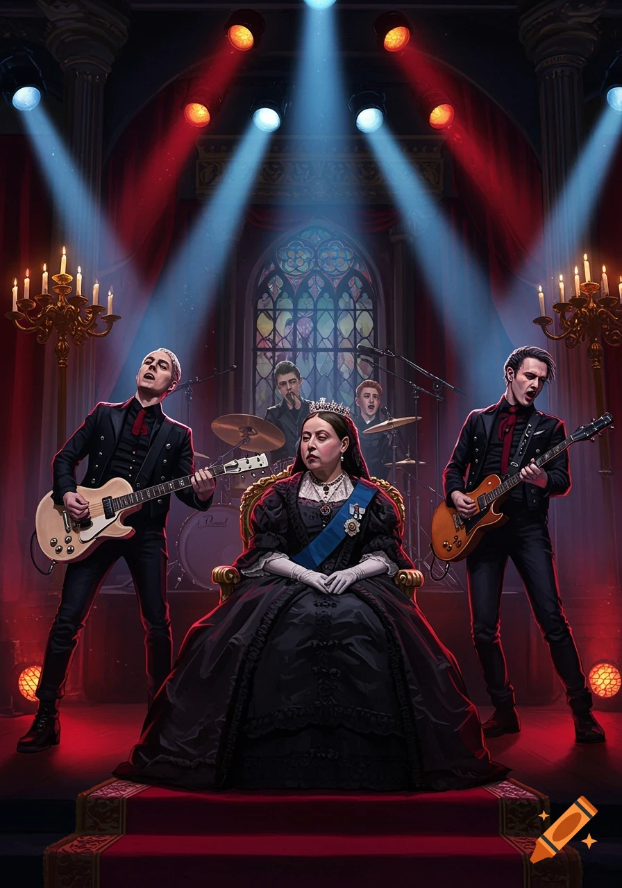 Queen Victoria sits on a throne while a rock band performs under stage lights in a grand hall.