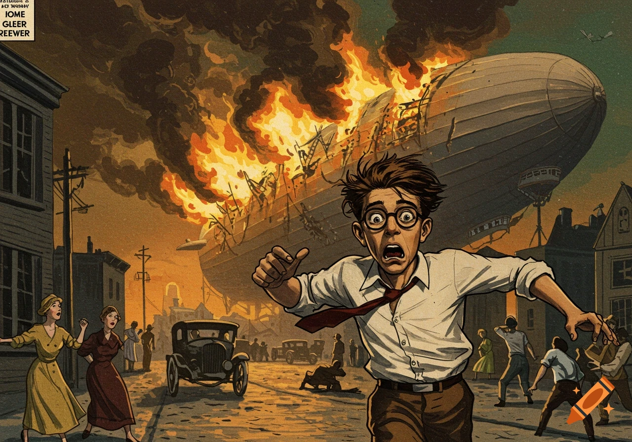 Vintage pulp illustration of a man running in fear from a burning blimp crash in a town street with other people fleeing.