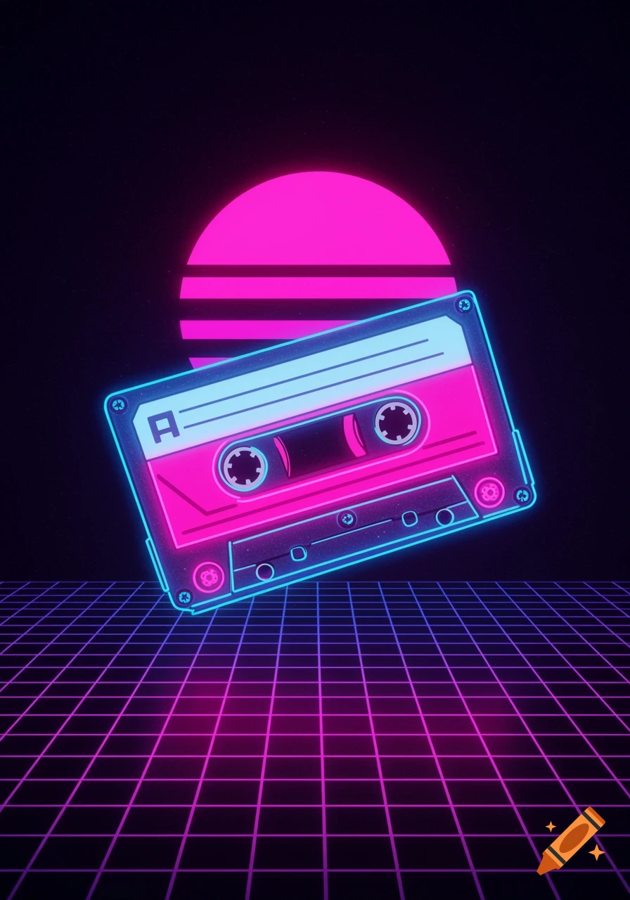Vibrant pink and blue neon cassette tape floats over a glowing grid background in synthwave style.