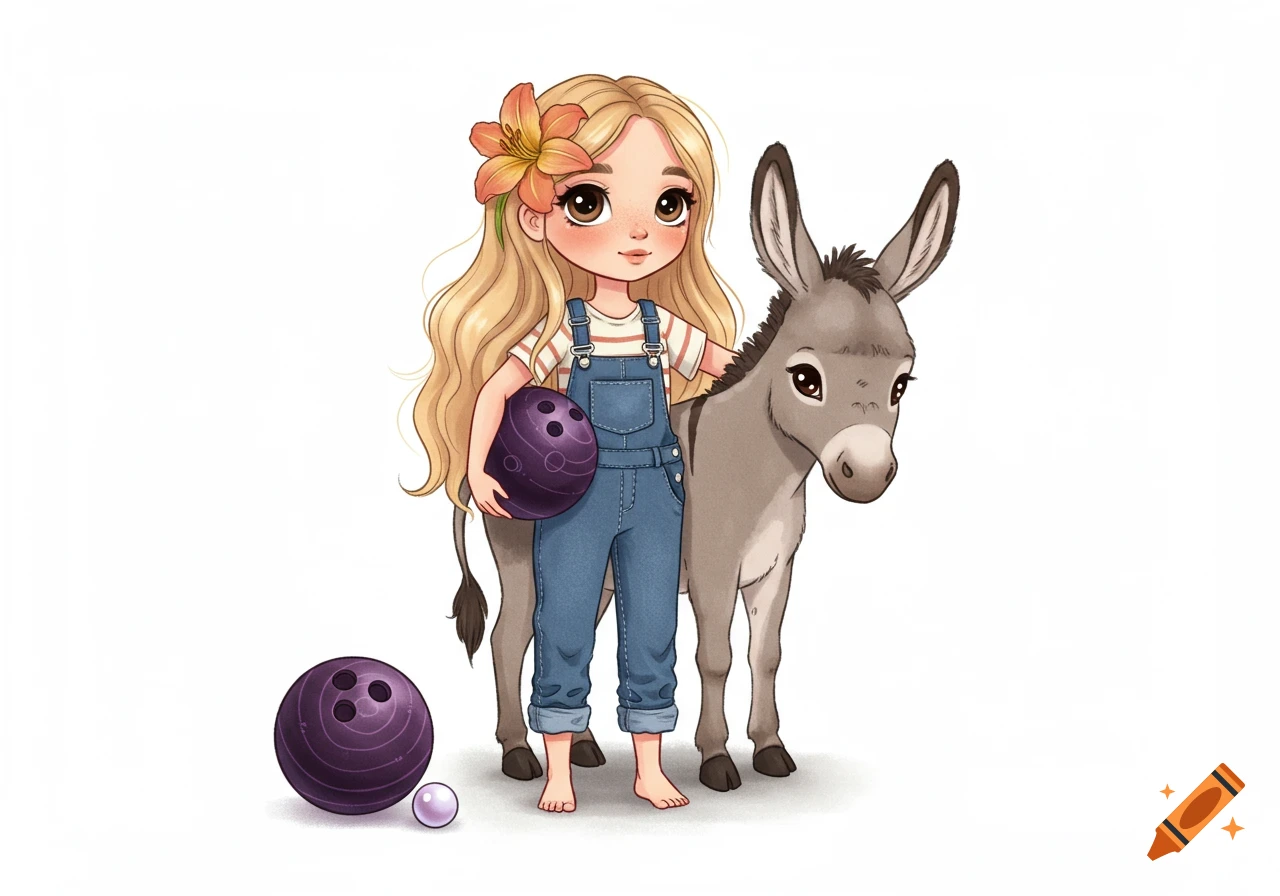 A cartoon girl with blonde hair and a flower in her hair, wearing overalls, holds a purple bowling ball while standing next to a donkey on a white background.