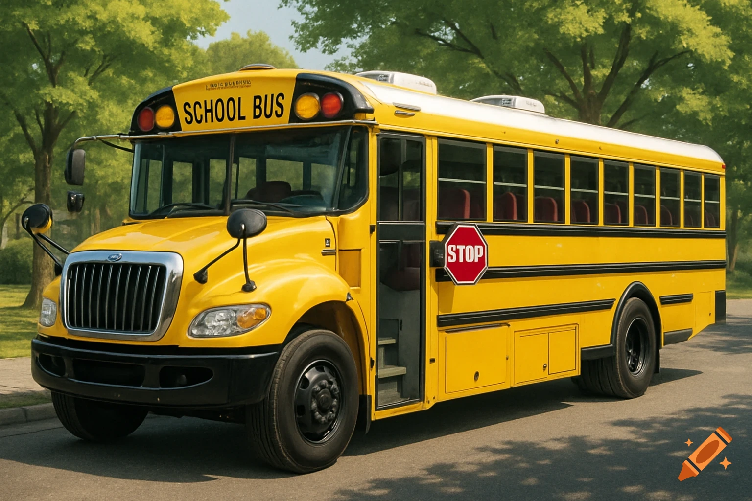 A bright yellow school bus with a red stop sign extended is parked on the side of a road, with green trees in the background.