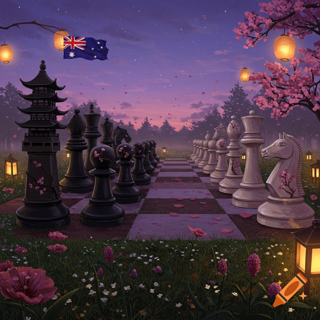 A dreamy outdoor chessboard scene with black and white pieces, cherry blossoms, lanterns, and an Australian flag under a purple sky.