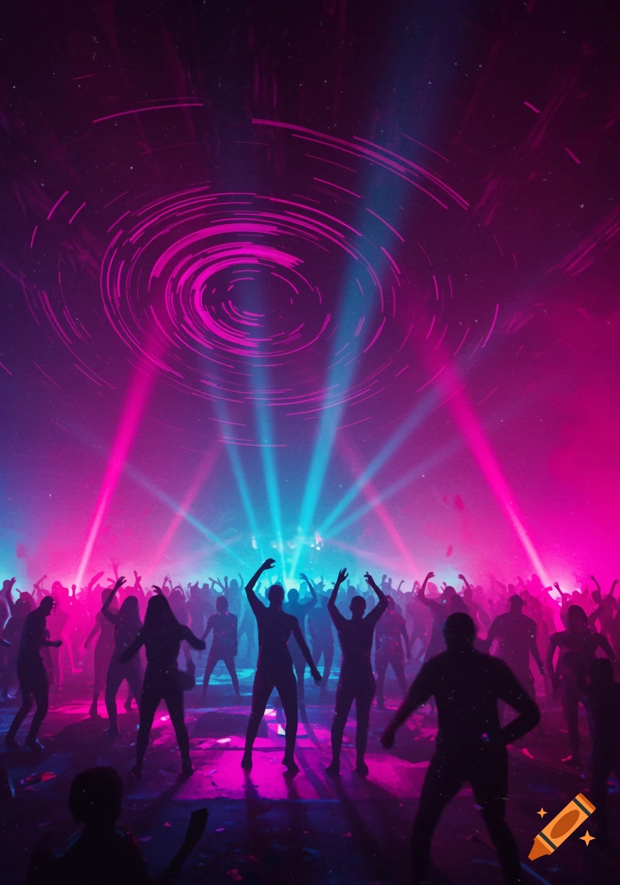 Silhouetted people dance at a vibrant rave or concert under neon pink and blue stage lights with a swirling light pattern overhead.