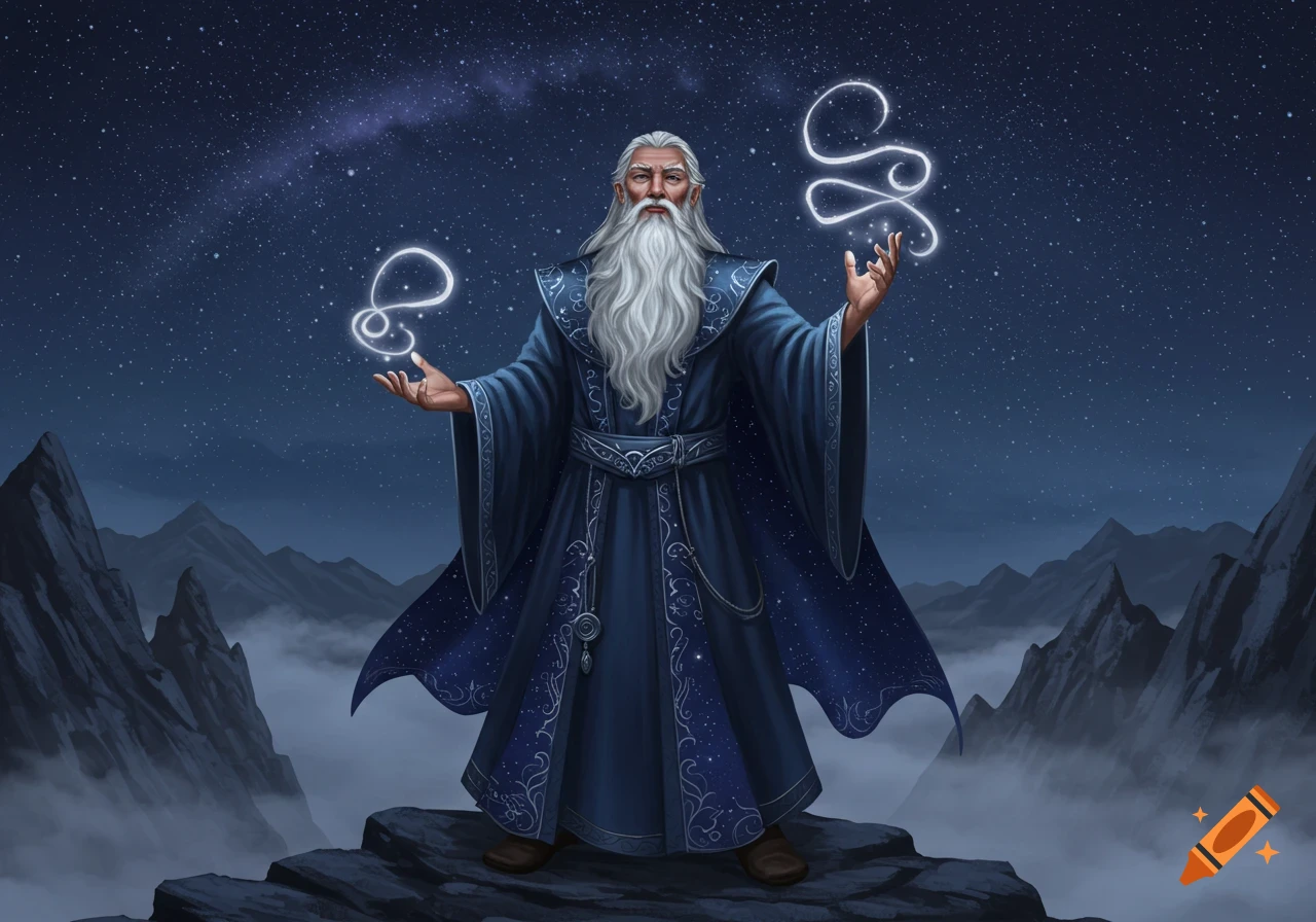 An old wizard with a long white beard and blue robe stands on a mountain peak under a starry sky, holding glowing magical symbols.