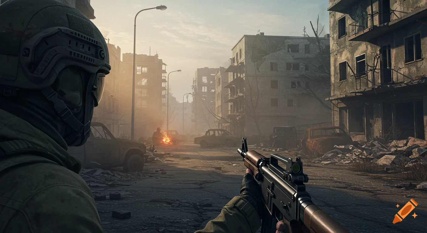 First-person view of a soldier holding a rifle on a ruined city street with destroyed buildings and vehicles, in a photorealistic video game style.