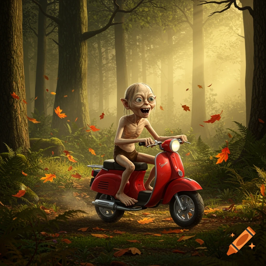 Gollum rides a red moped through a sunlit forest with autumn leaves falling.