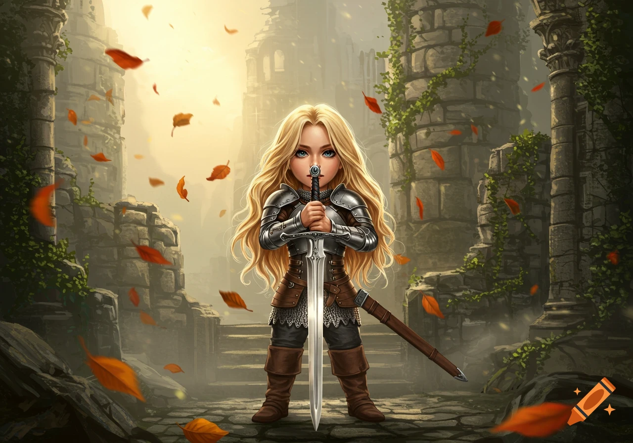 A blonde petite knight in armor holds a sword in a ruined castle with falling autumn leaves.