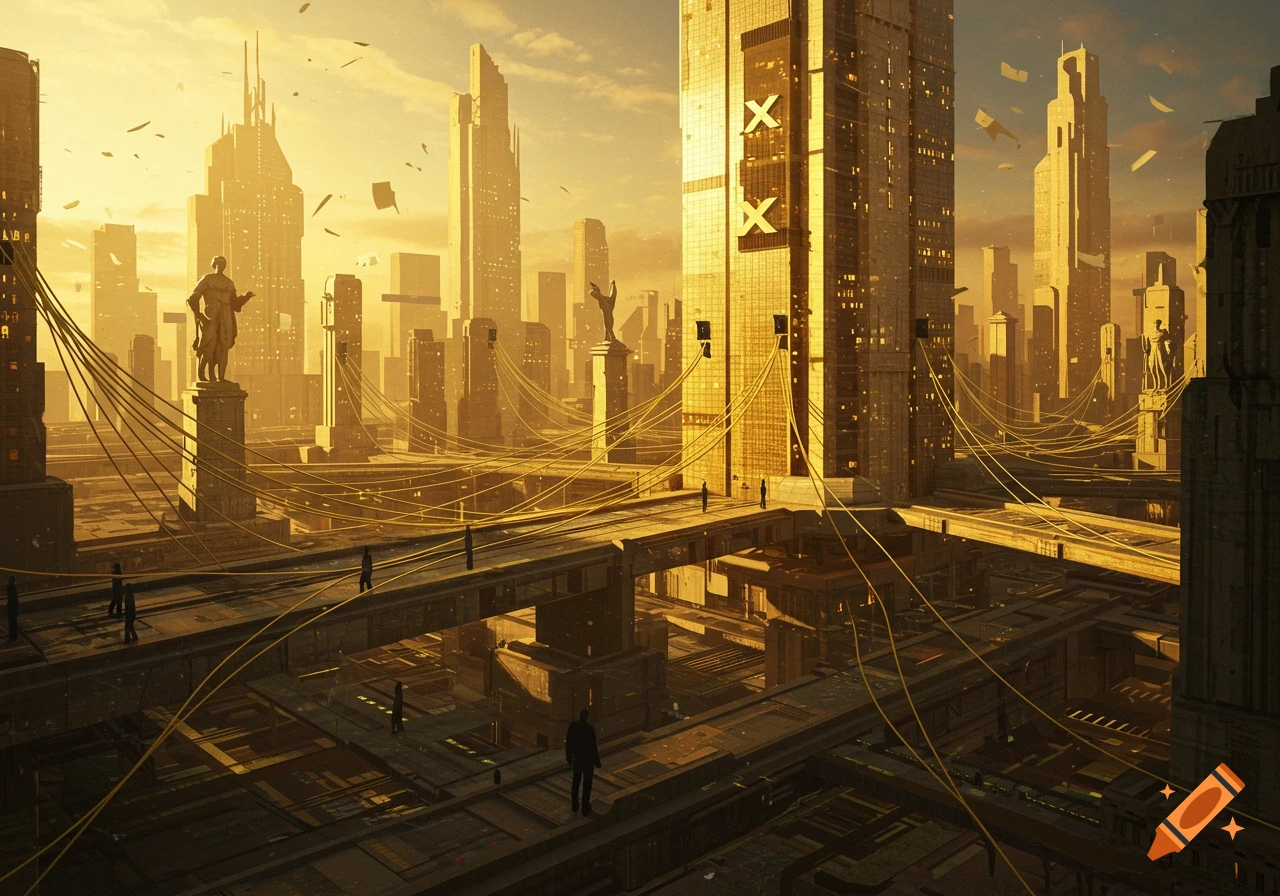 A golden futuristic city at sunset with tall skyscrapers, elevated walkways, and scattered debris in the sky.