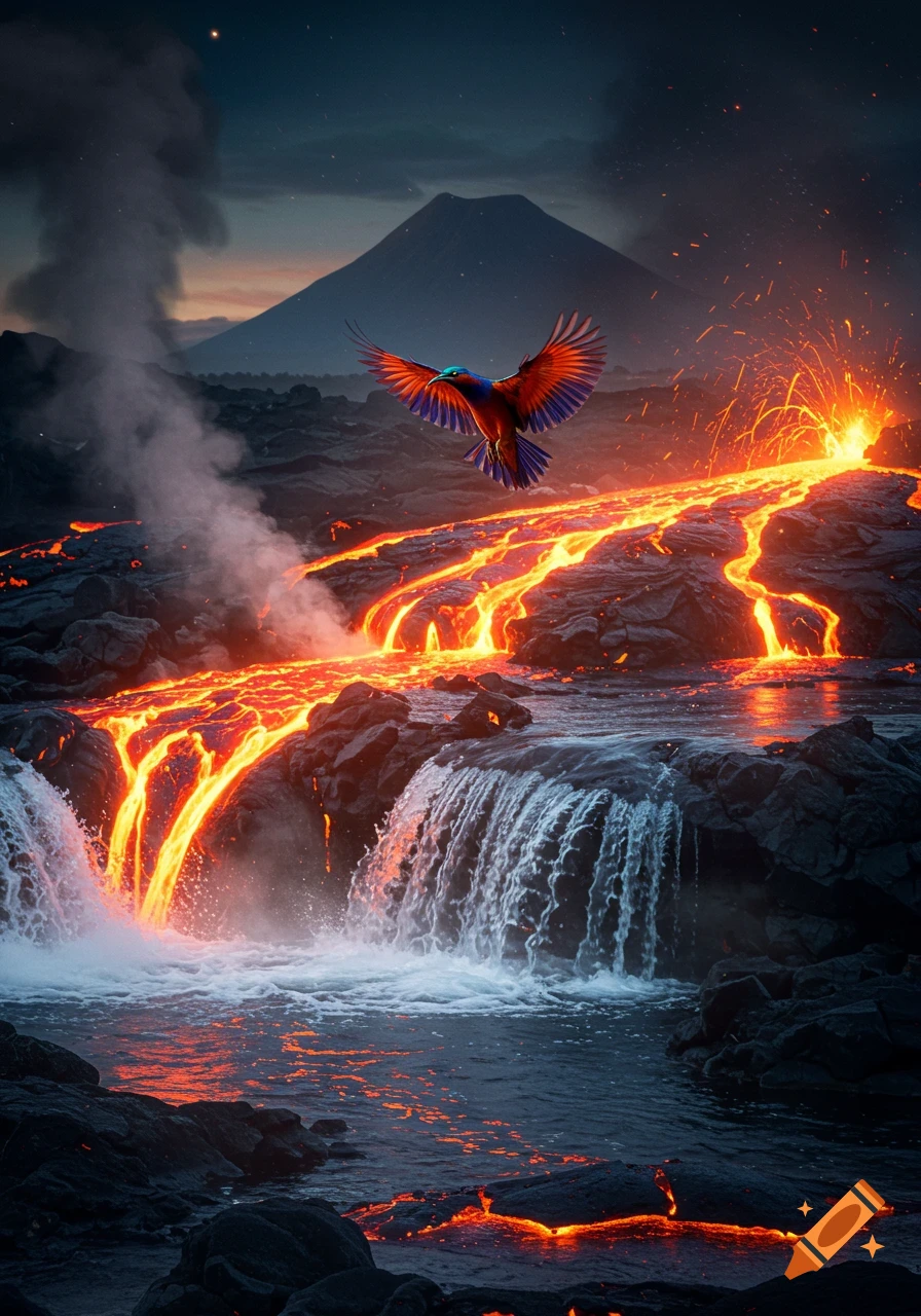 A colorful bird flies over a dramatic landscape with flowing lava, waterfalls, and a volcano under a dark, starry sky.