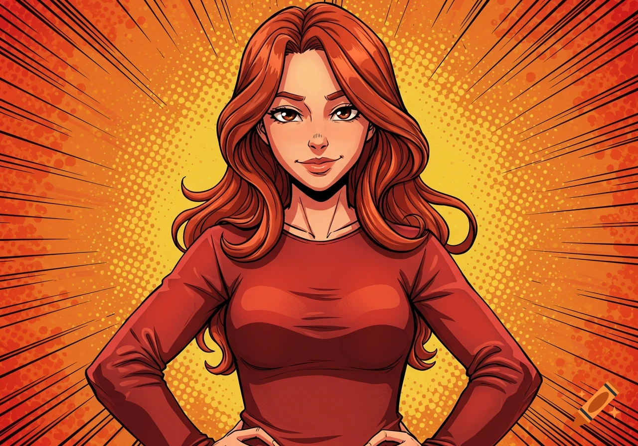 Comic book illustration of a woman with reddish hair and a smug expression, standing with hands on hips against a vibrant orange and yellow burst background.