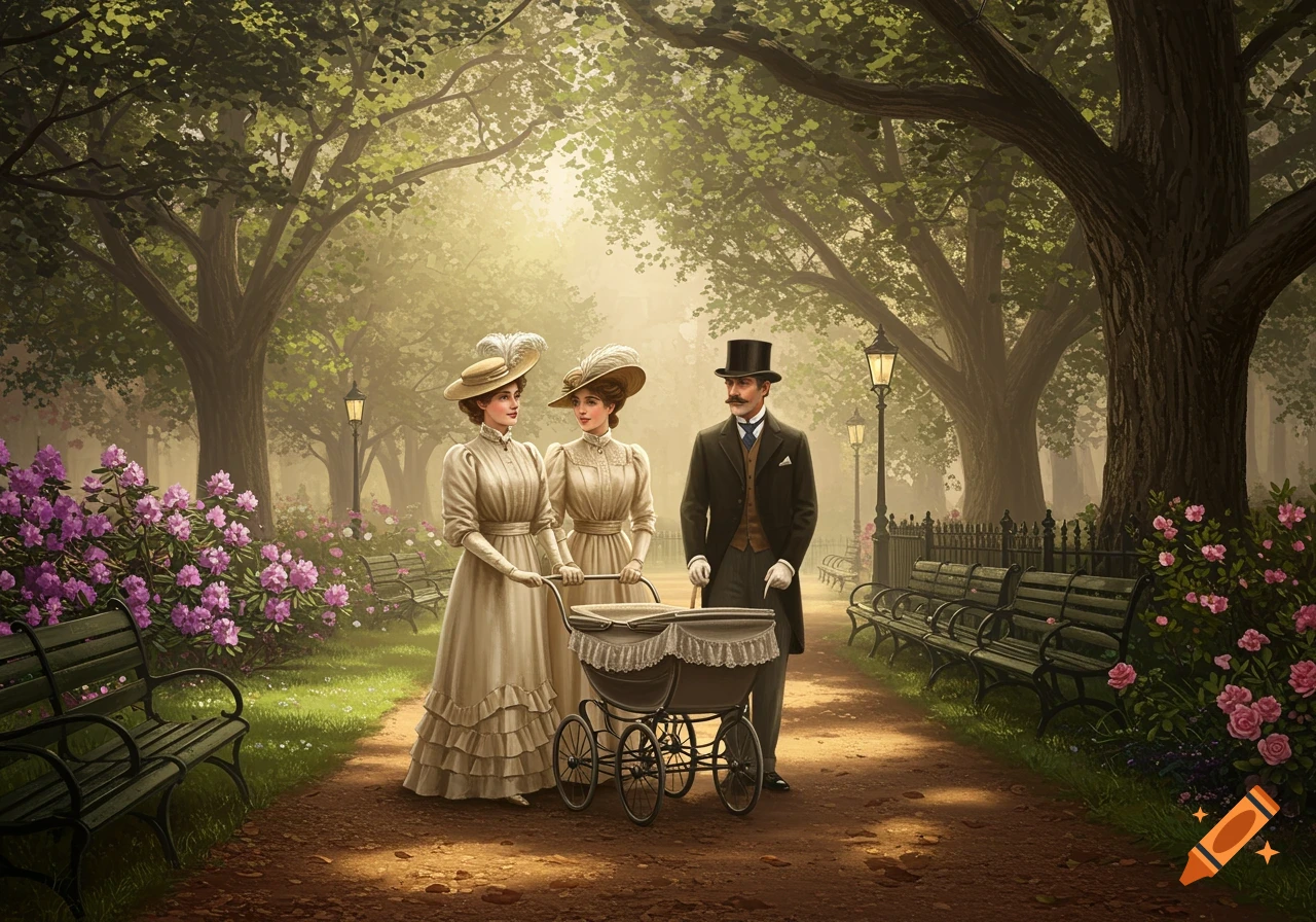 Three people in Edwardian attire, two women and a man, push a pram along a dirt path in a lush, tree-lined park.
