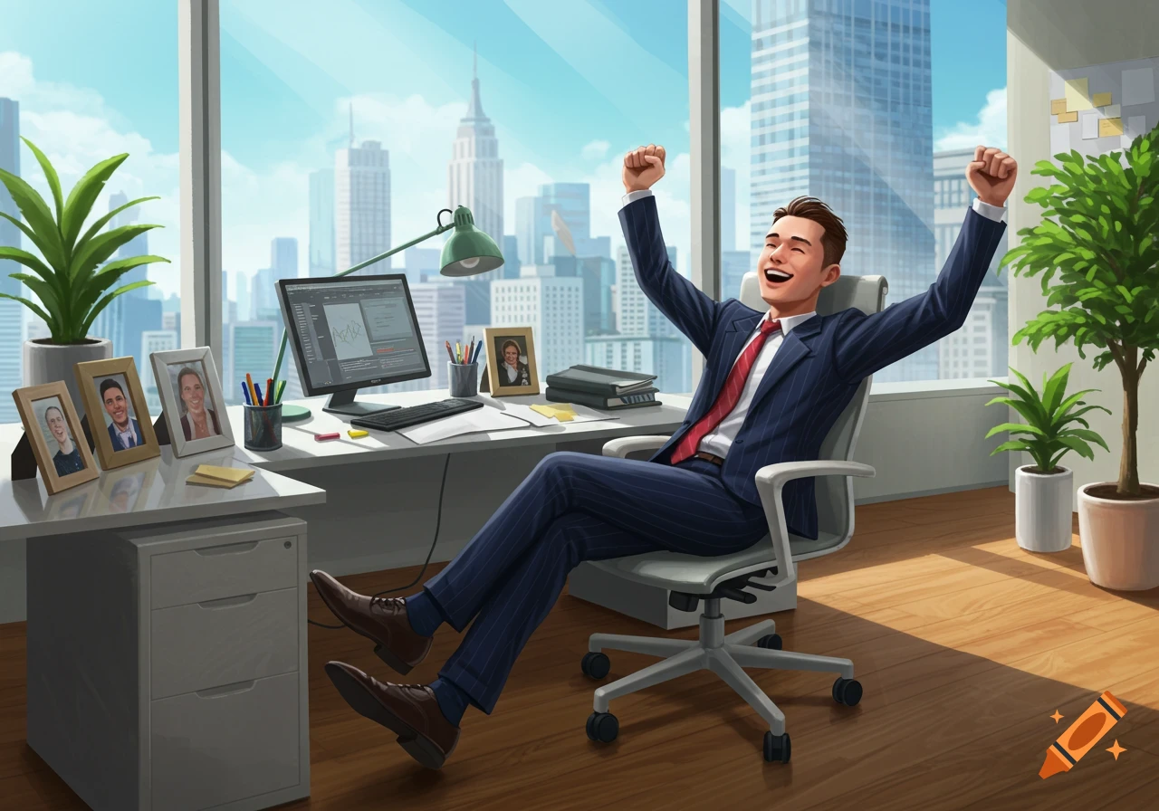 Happy office worker with arms raised in celebration at his desk in a modern high-rise office with a city skyline view, illustration.