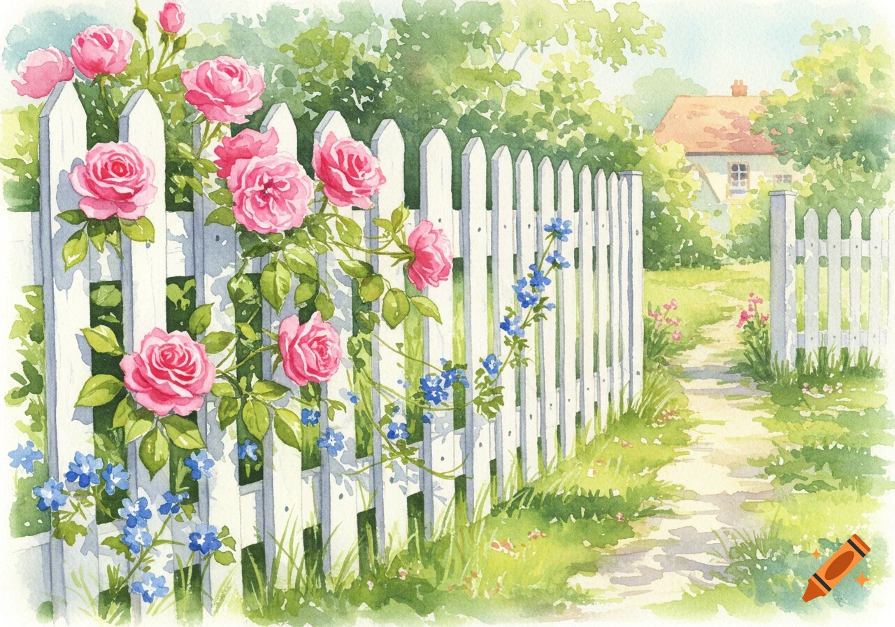 A watercolor painting of pink roses and blue flowers climbing a white picket fence with a garden path leading to a house.