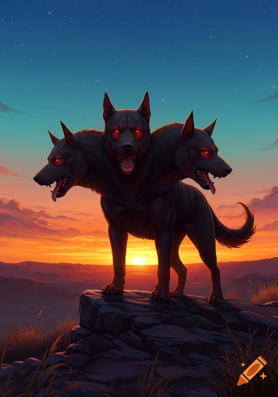 A three-headed black dog, Cerberus, with glowing red eyes stands on a rocky cliff overlooking a vibrant sunset over mountains.