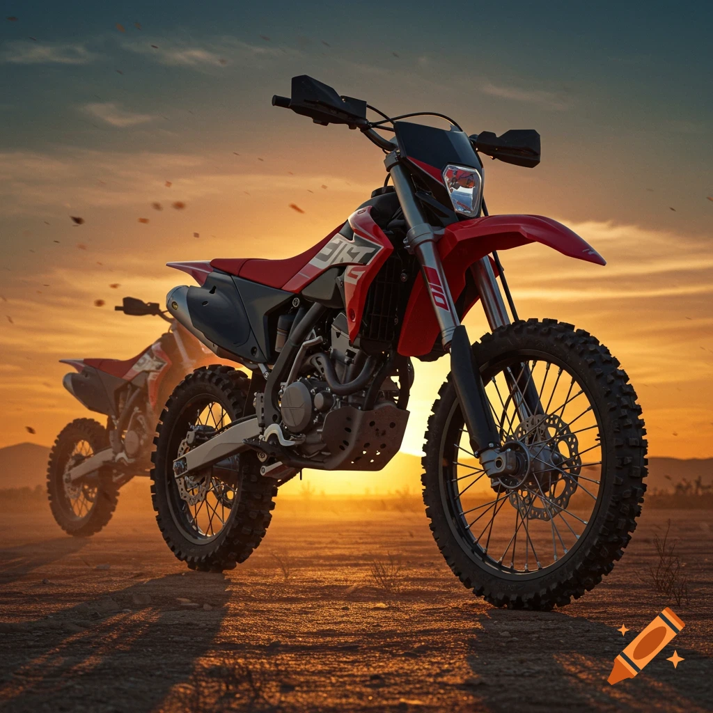 Two red and black dirt bikes in a desert landscape at sunset.