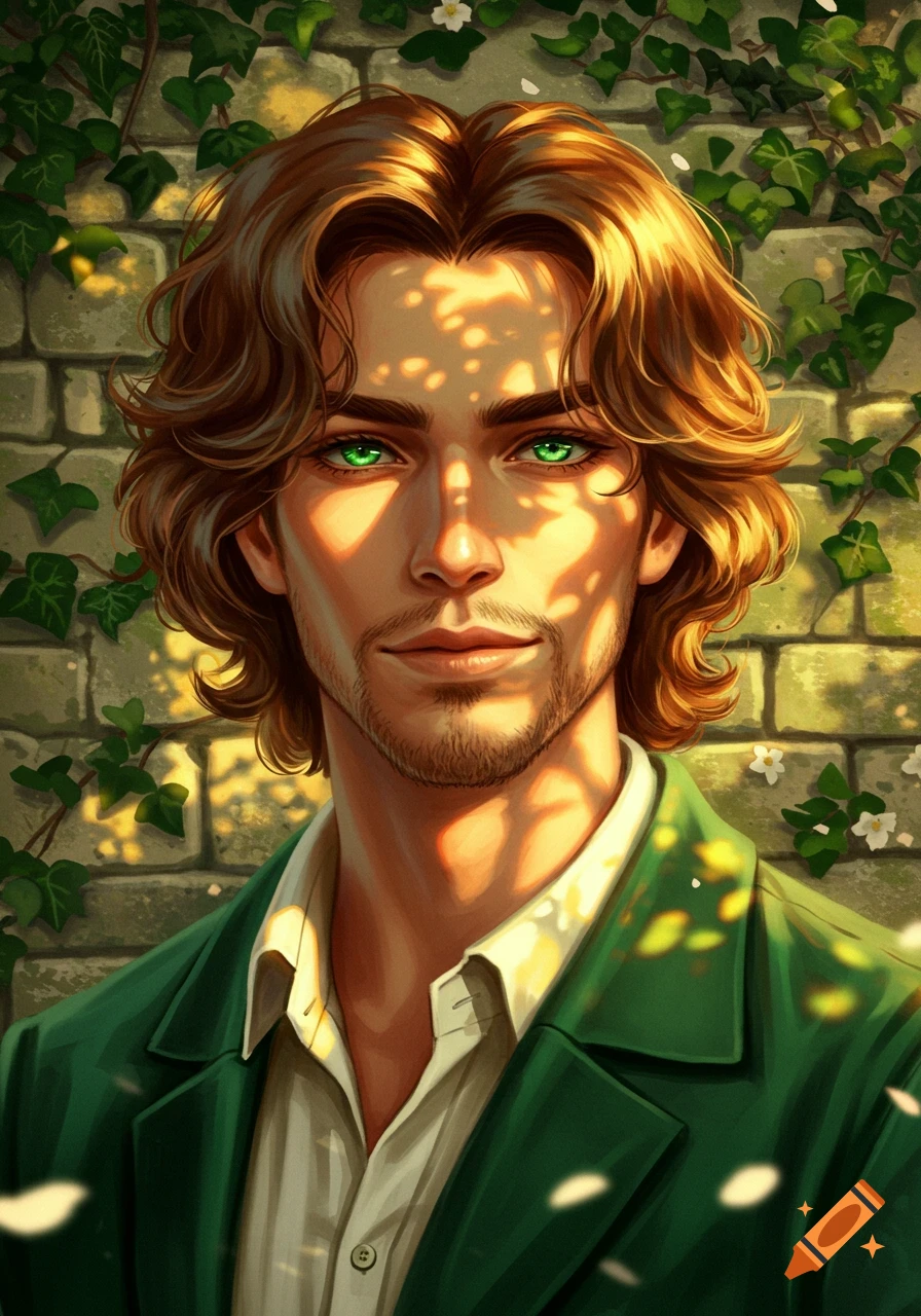 A close-up portrait of a man with long wavy brown hair, vivid green eyes, and a beard, illuminated by dappled sunlight.