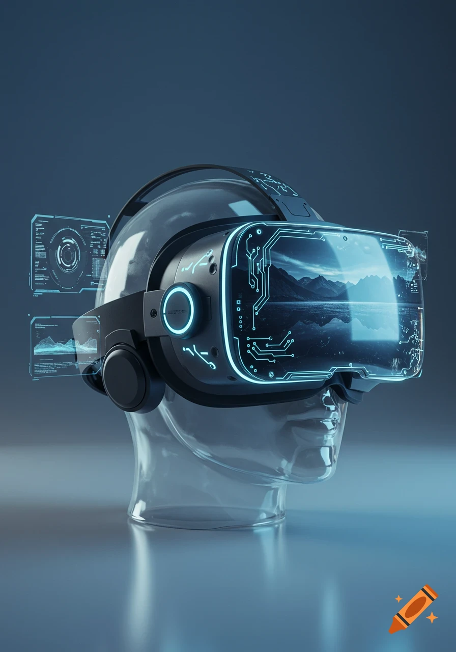 A futuristic virtual reality headset with glowing blue circuitry and holographic displays on a transparent mannequin head.