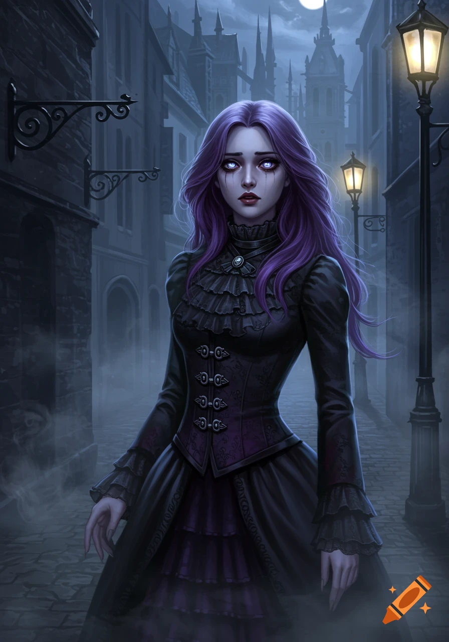 A pale vampire woman with long purple hair and glowing eyes stands in a dark, misty gothic alley at night.