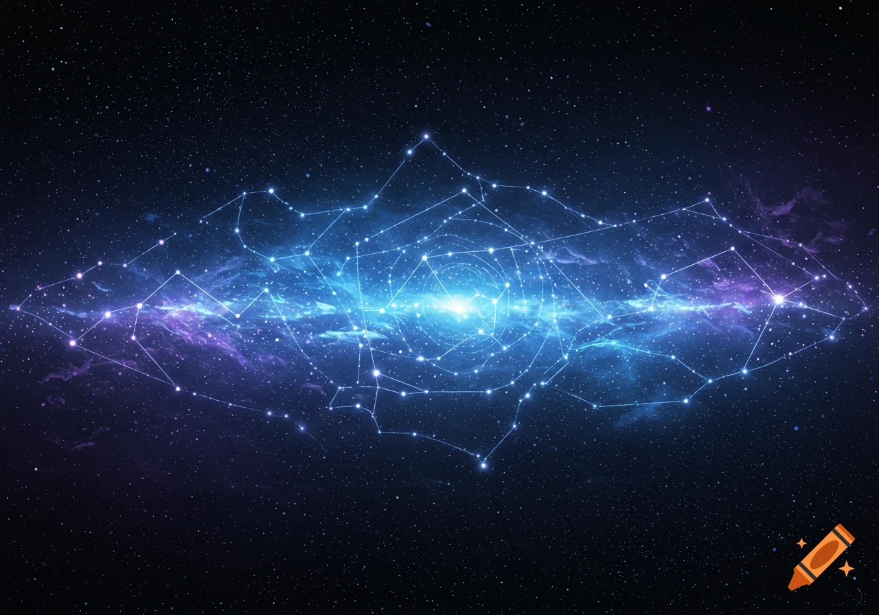 A vibrant blue and purple cosmic nebula with a central light source and an intricate web of interconnected stars.