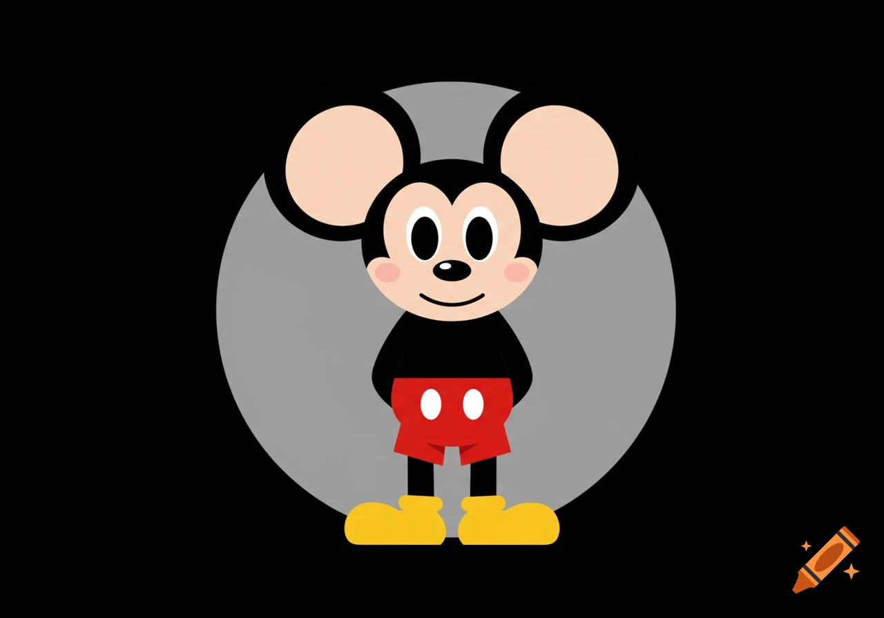 Minimalist cartoon illustration of Mickey Mouse, facing forward against a gray circle on a black background.