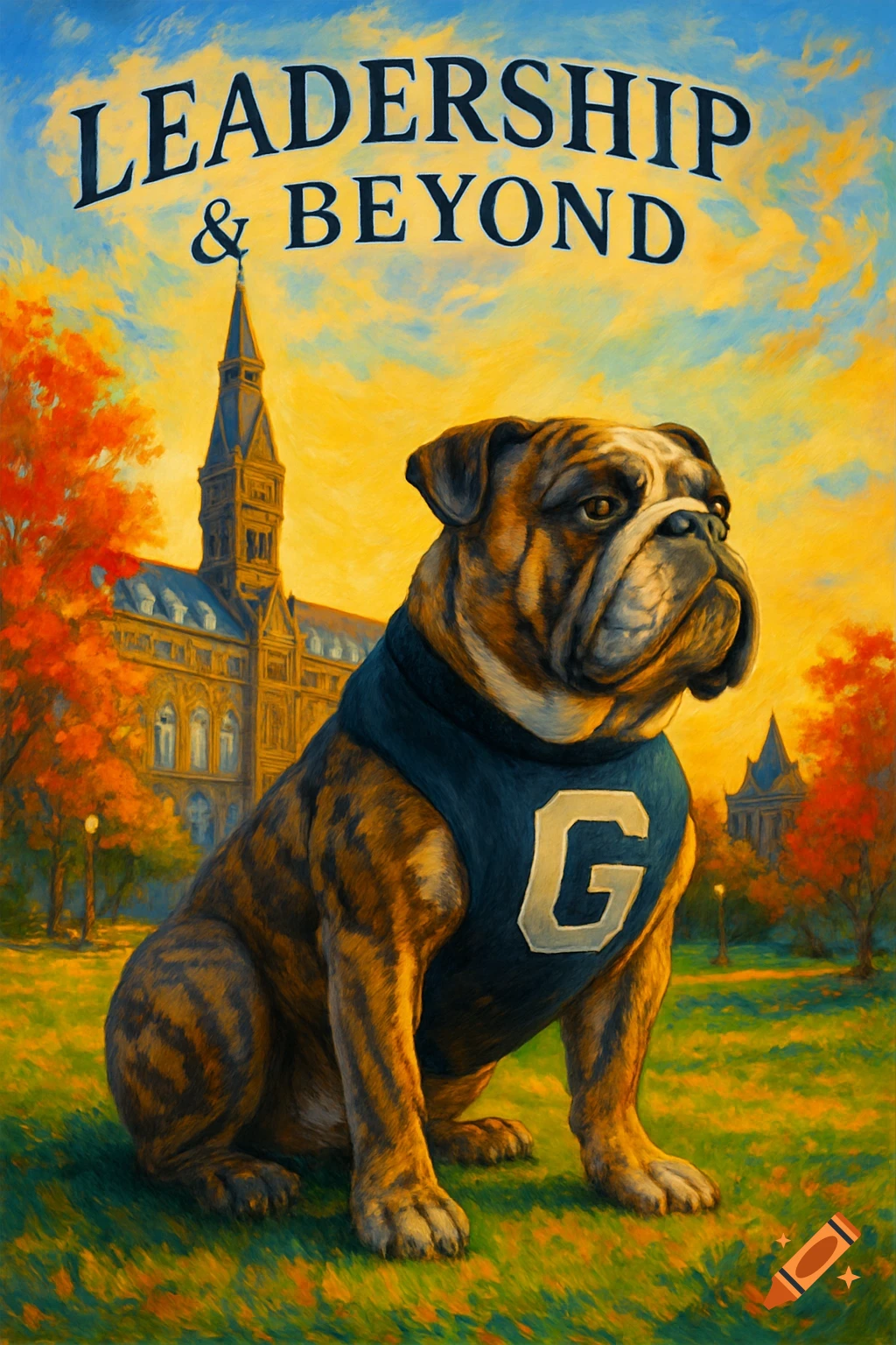 A painterly illustration of a bulldog mascot in a blue vest with a white 'G' on a lawn, with a grand university building behind it and 'LEADERSHIP & BEYOND' in the sky.