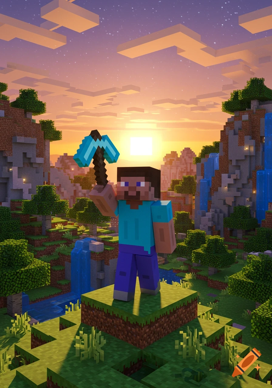 Minecraft Steve holds a pickaxe in a blocky landscape with mountains, trees, and waterfalls under a sunset sky.