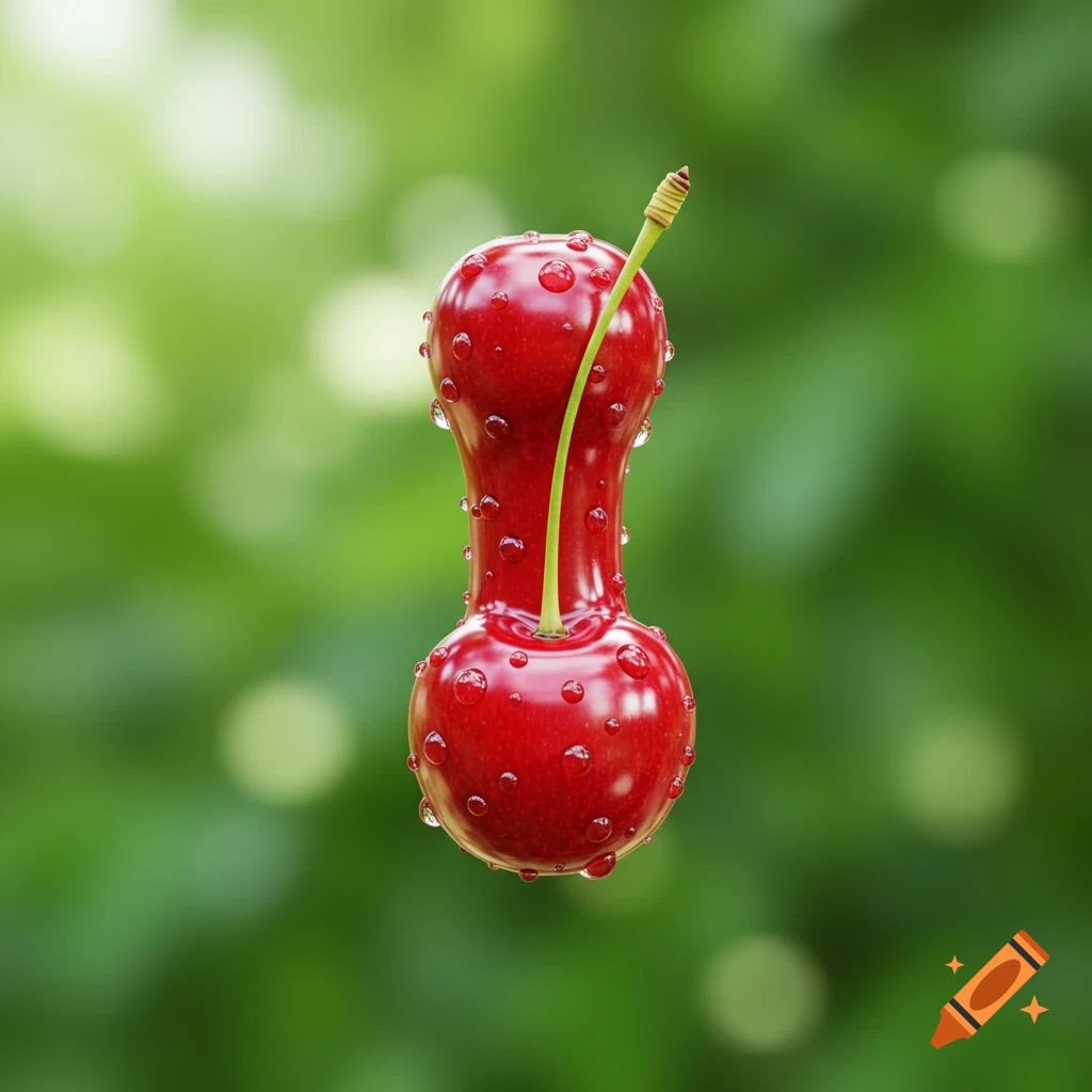 A photorealistic cherry shaped like a capital 'I' with water droplets, set against a blurred green background.