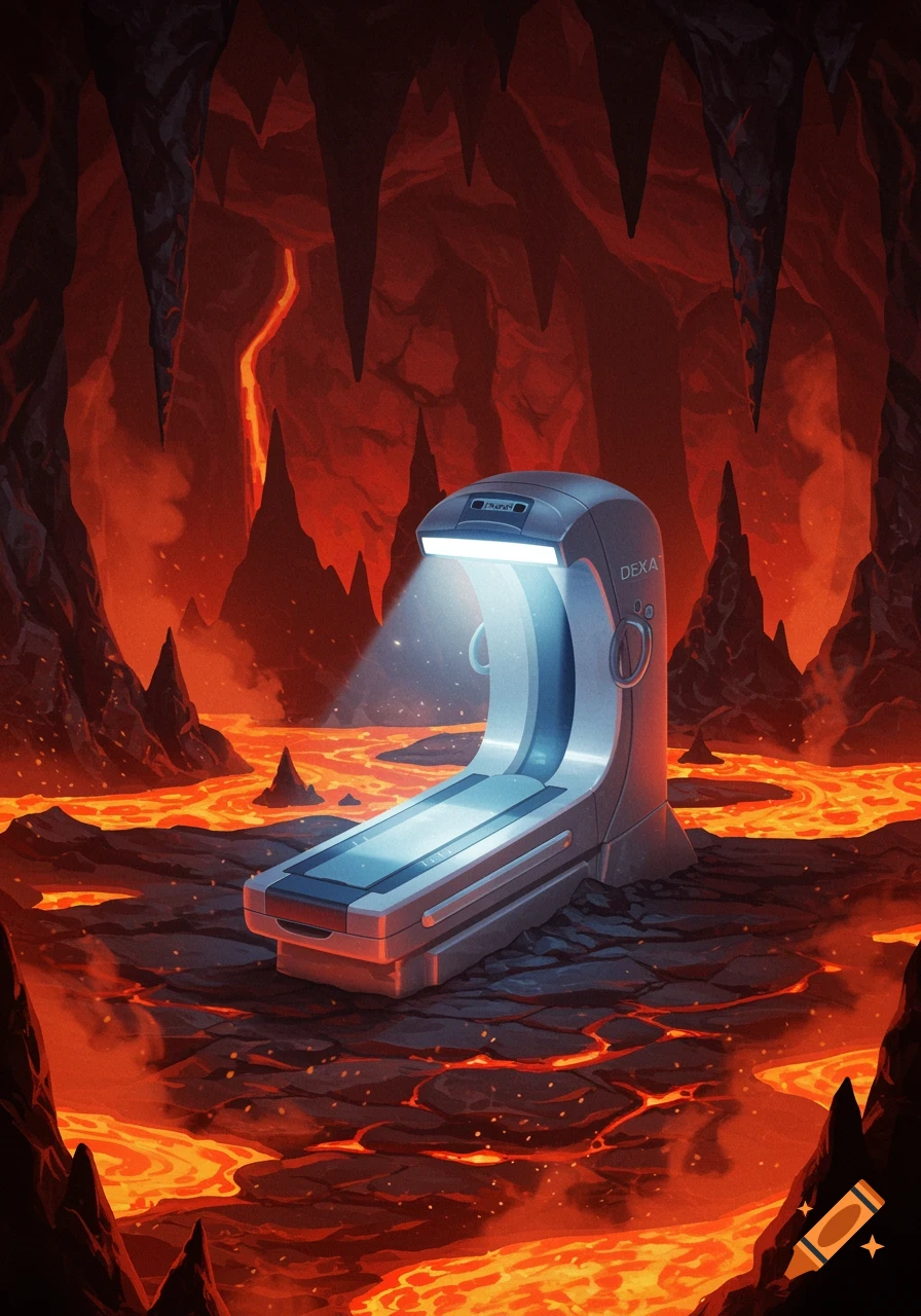 A futuristic DEXA scan machine glows with a bright light in a dark cave filled with flowing orange lava, in an illustrative style.